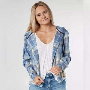 BKE Plaid Hooded Button-Up Shirt Blue Flannel Raw Hem – Size S